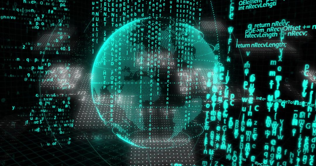 Neon Green Wireframe Globe with Digital Code Matrix
