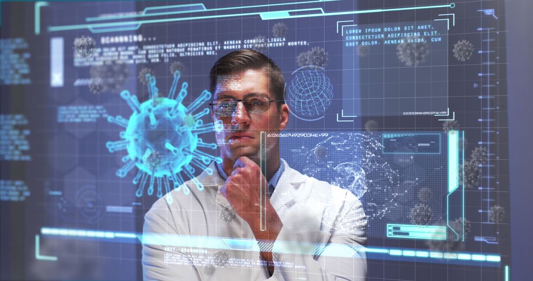 Doctor Analyzing Virus Through Futuristic Digital Interface