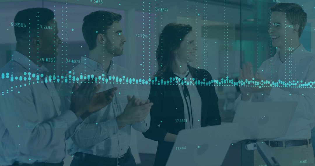 Business Team Applauding Speaker During Tech Presentation with Data Visualization Overlay