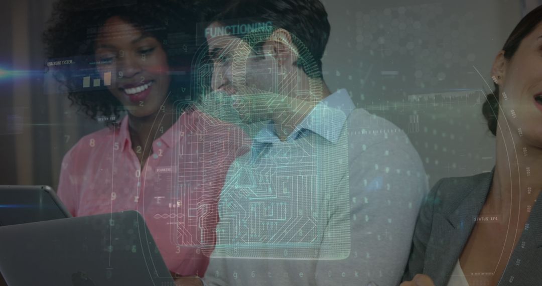 Diverse Team Collaborating with Digital Interface Integration