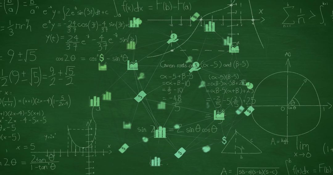 Complex Business Network Overlay on Mathematical Chalkboard