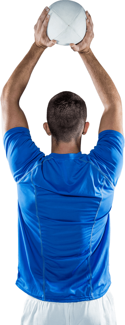 Football Player in Blue Jersey Throwing Ball on Transparent Background