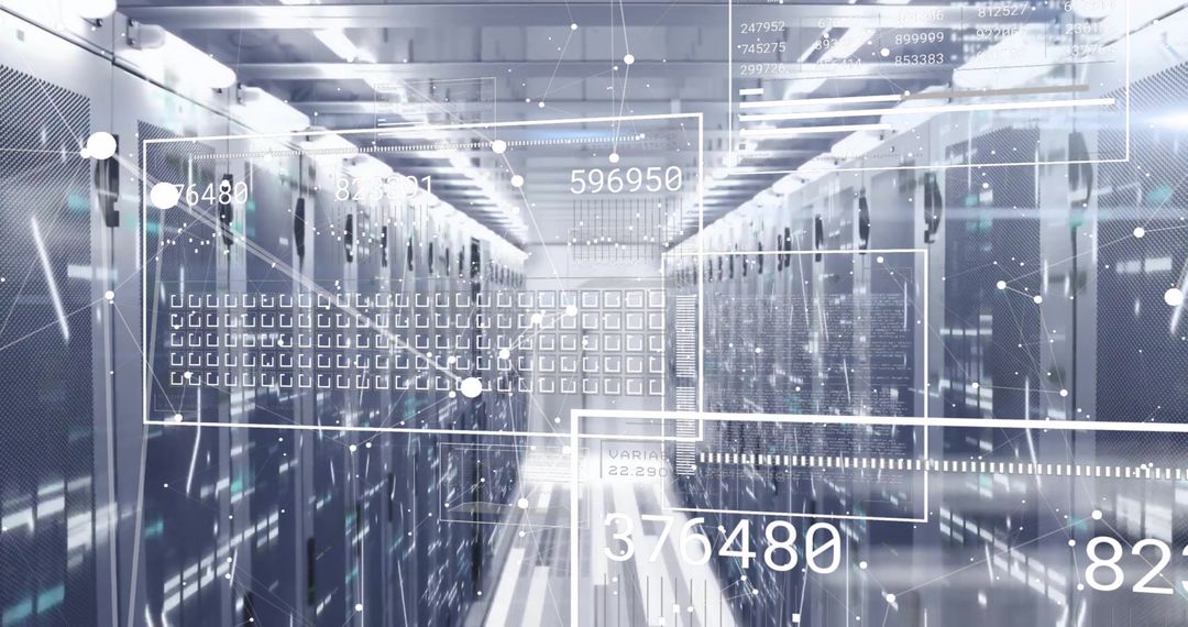 High-Tech Data Center with Digital Interface Overlay