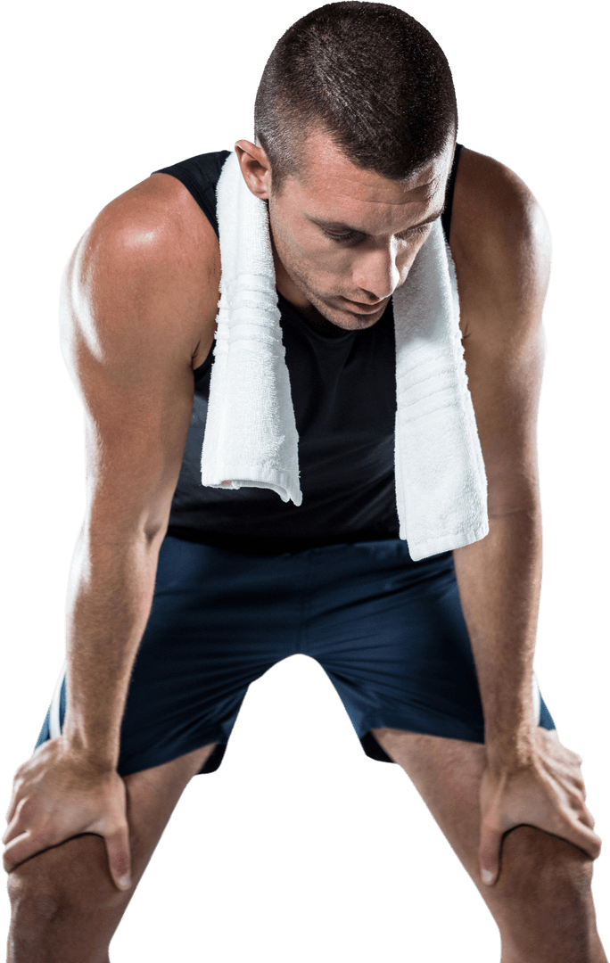 Exhausted Athlete Resting with Towel on Shoulders Transparent PNG