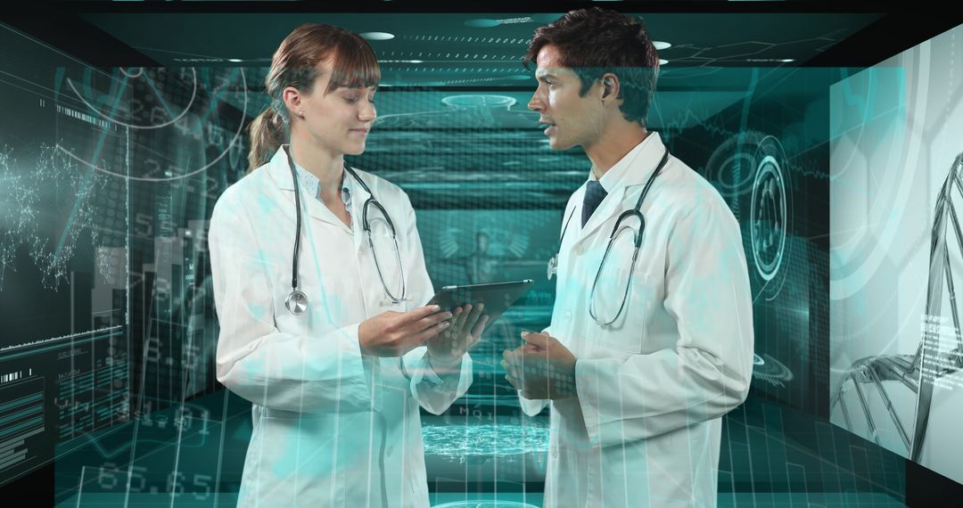 Doctors Collaborating with Digital Interface Holo Screens