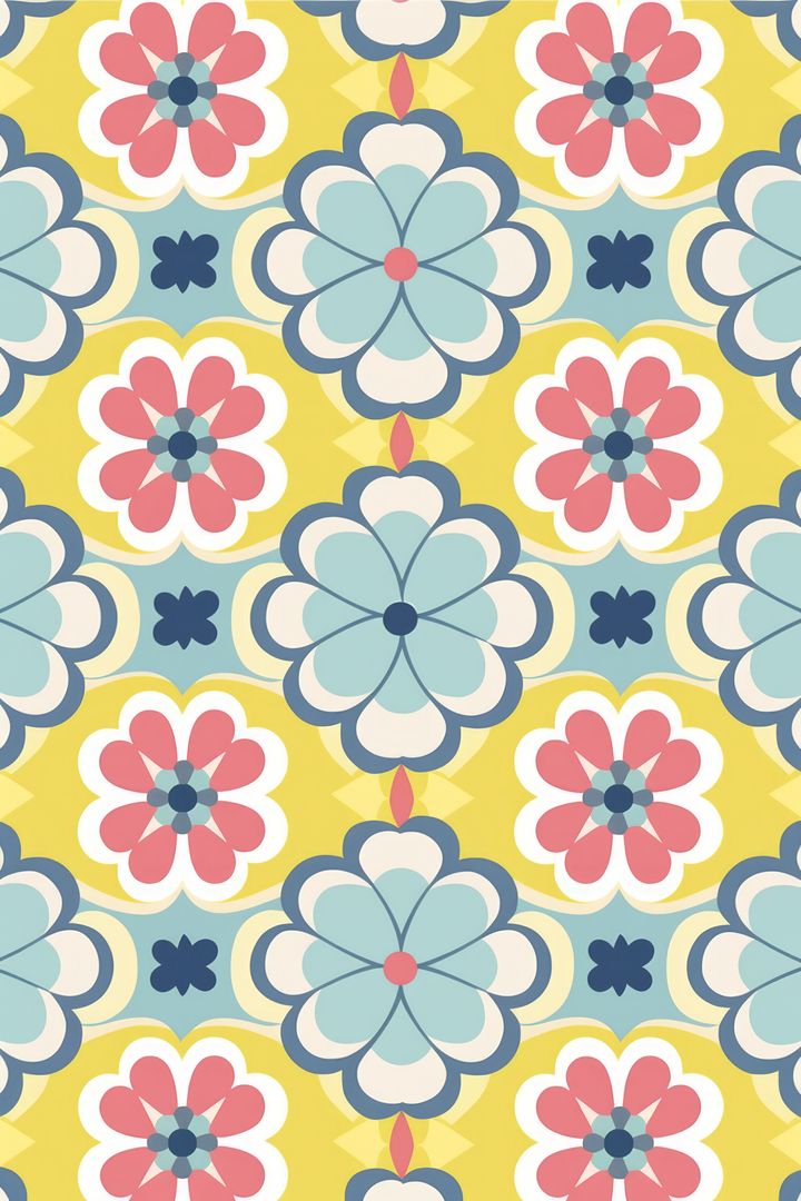 Colorful Retro Floral Pattern with Blue and Pink Flowers on Yellow Background - Free Images, Stock Photos and Pictures on Pikwizard.com