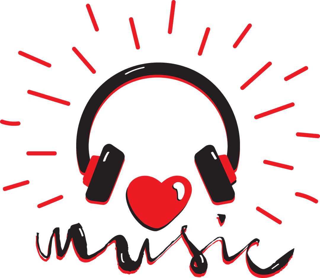 Heart and Headphones with Music Text on Transparent Background