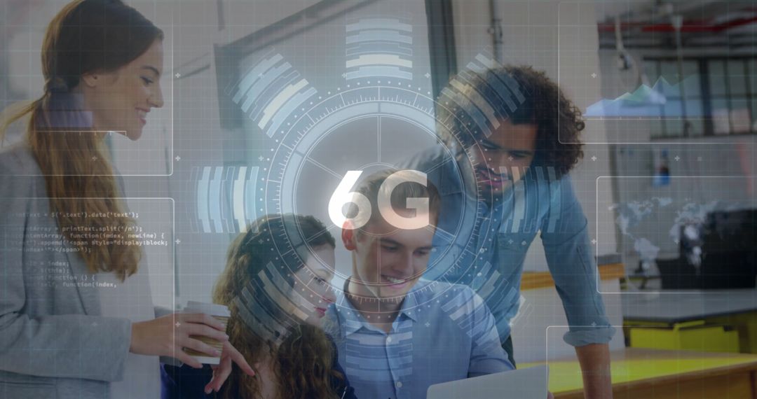 Team Collaborating on 6G Technology Development in Modern Office