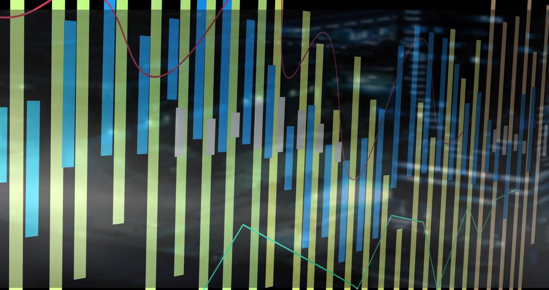 Financial dashboard showing lime and cyan bars with red and teal trend lines