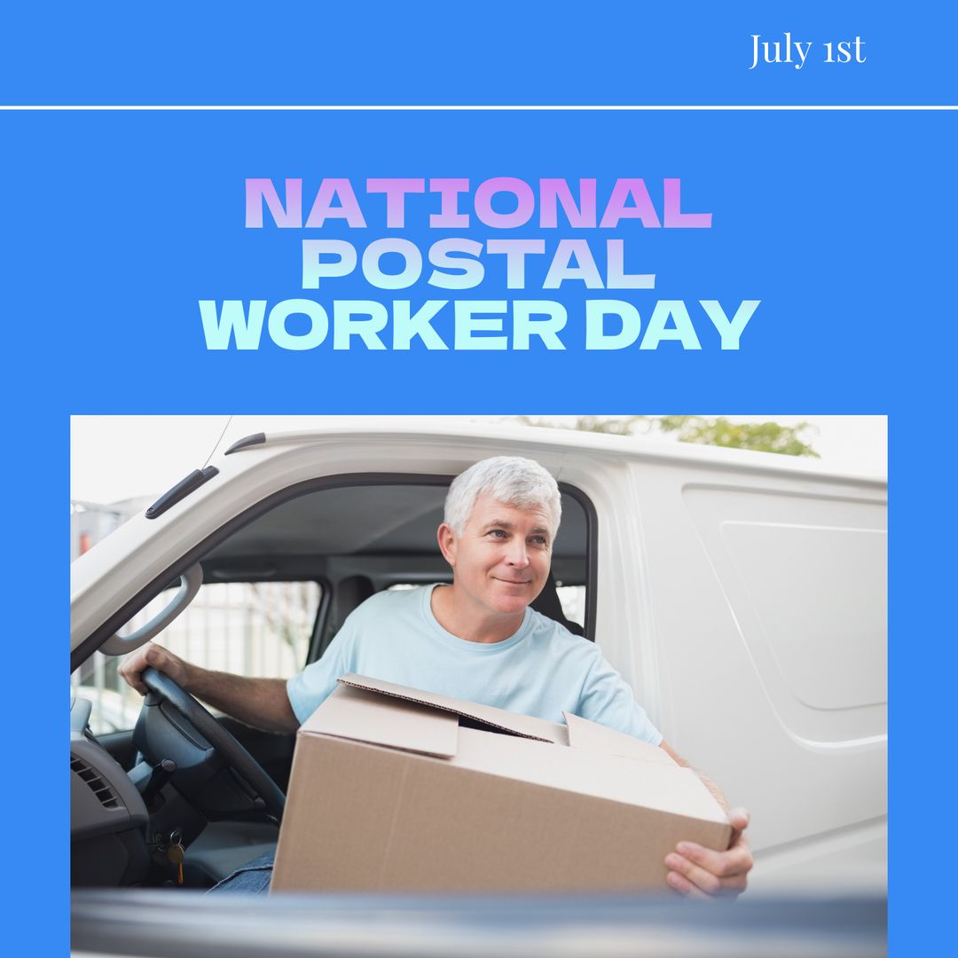 National Postal Worker Day Text Over Caucasian Delivery Man With Box - Download Free Stock Templates Pikwizard.com