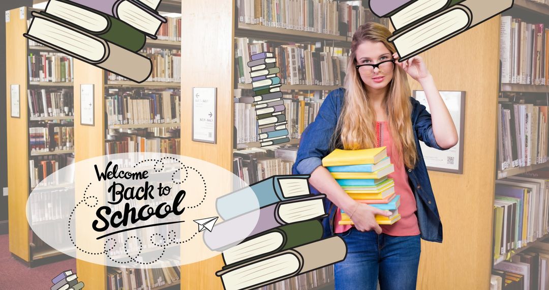 Caucasian Student in Library Holding Stack of Books