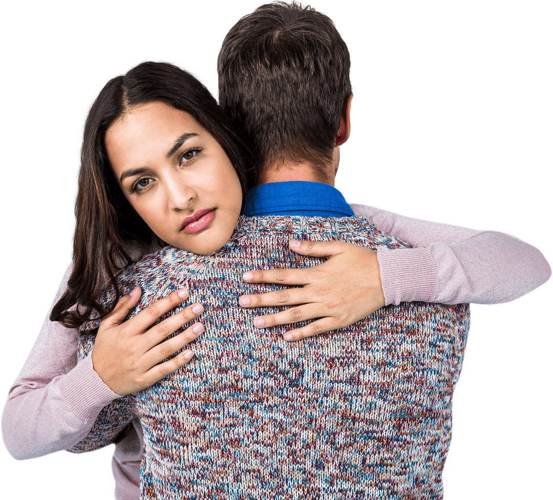 Transparent Hug Between Thoughtful Woman and Man Posing Back