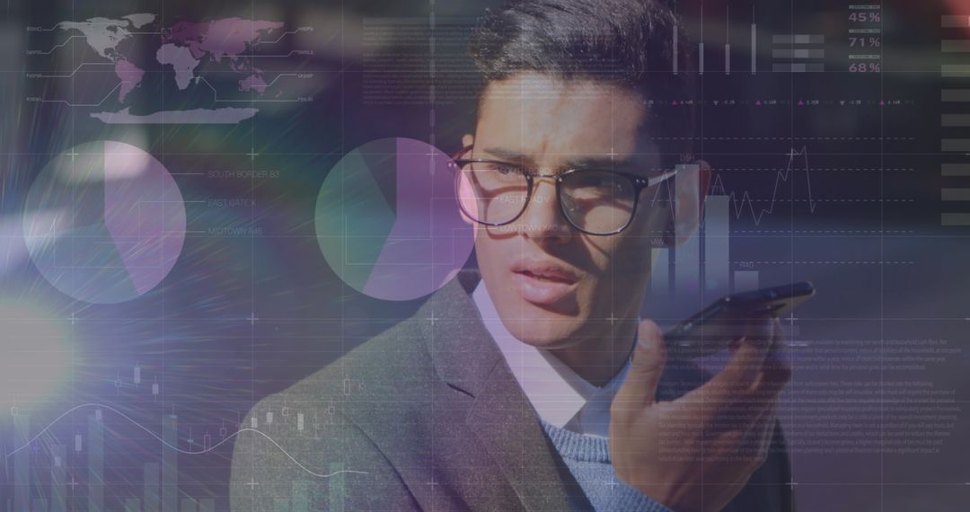 Businessman Analyzing Data with Smartphone and Graphs Overlay