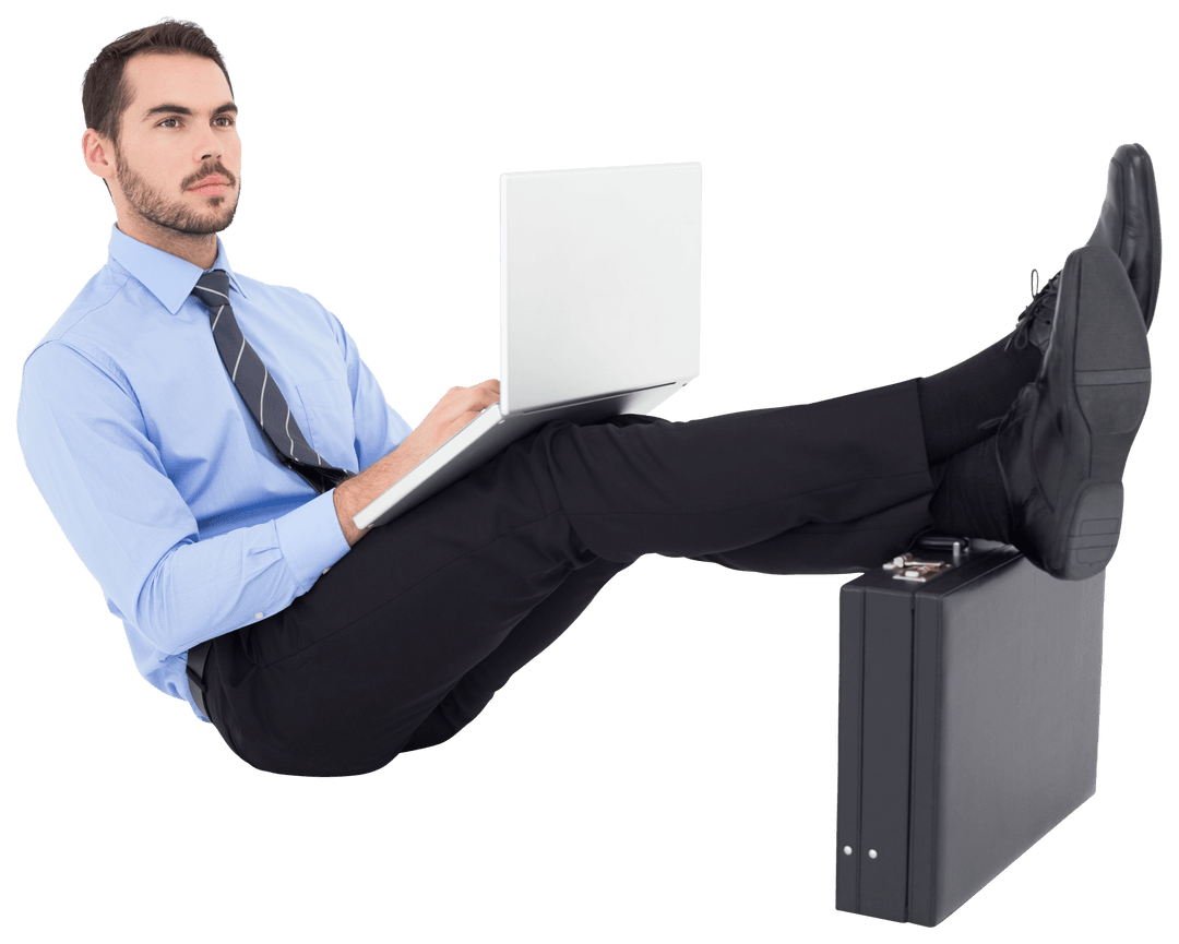 Businessman Sitting with Laptop and Legs on Briefcase Transparent Background