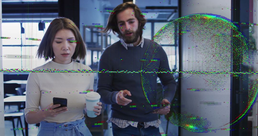 Colleagues Discussing Innovations with Digital Overlay