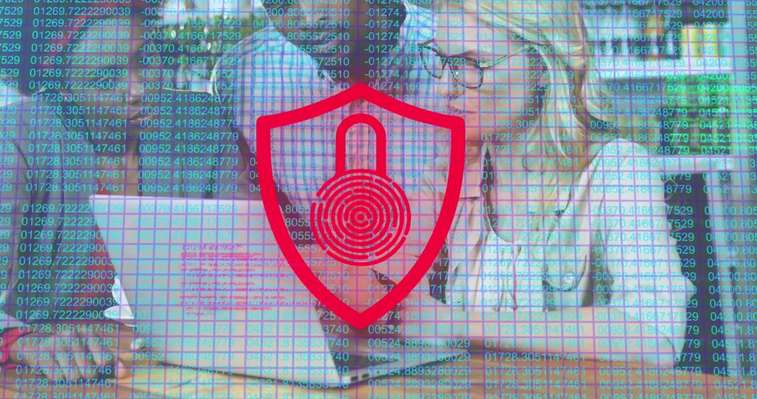 Digital Security Concept with Padlock Overlay on Woman Using Laptop
