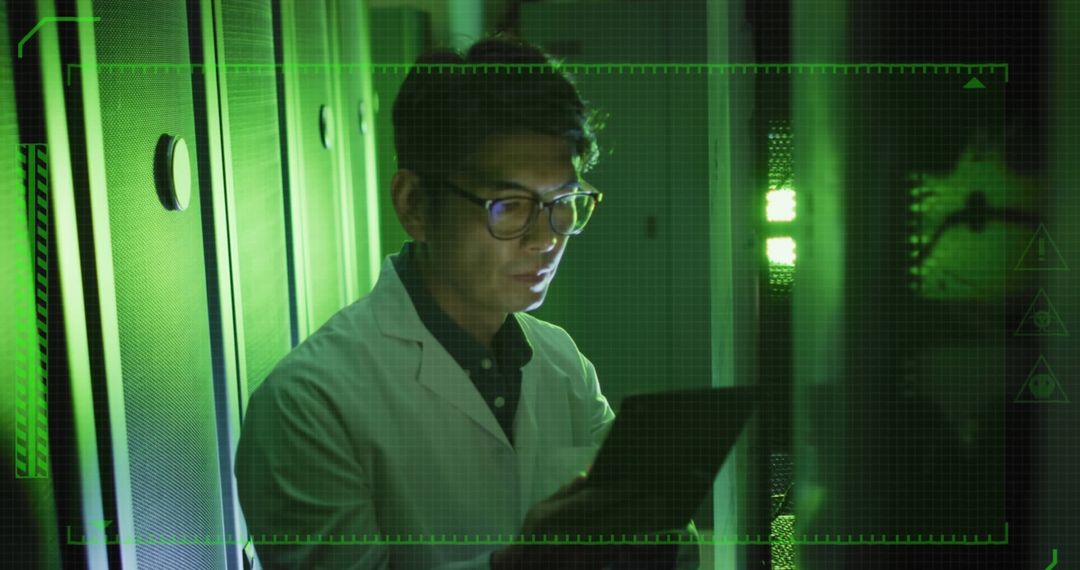 Asian Engineer in Server Room with Digital Interface
