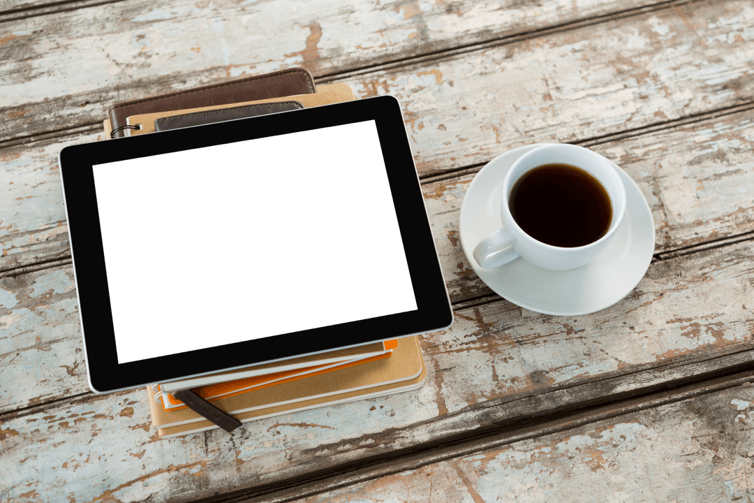 Coffee and Tablet on Rustic Wooden Table with Transparent Background