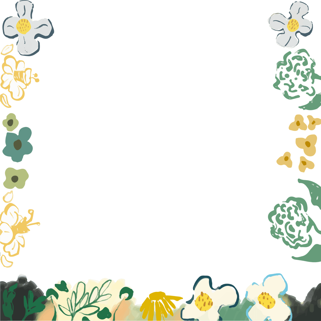 Transparent Decorative Floral Frame with Daisies and Foliage