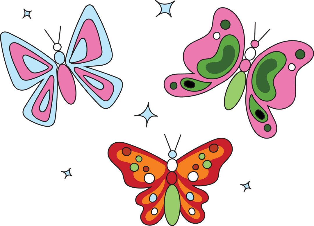 Colorful Cartoon Butterflies Floating on Transparent Background with Sparkles