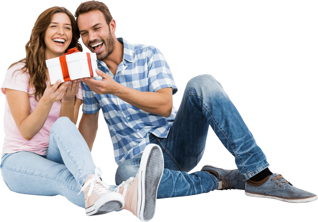 Happy Couple with Gift in Hands Showing Excitement and Joy