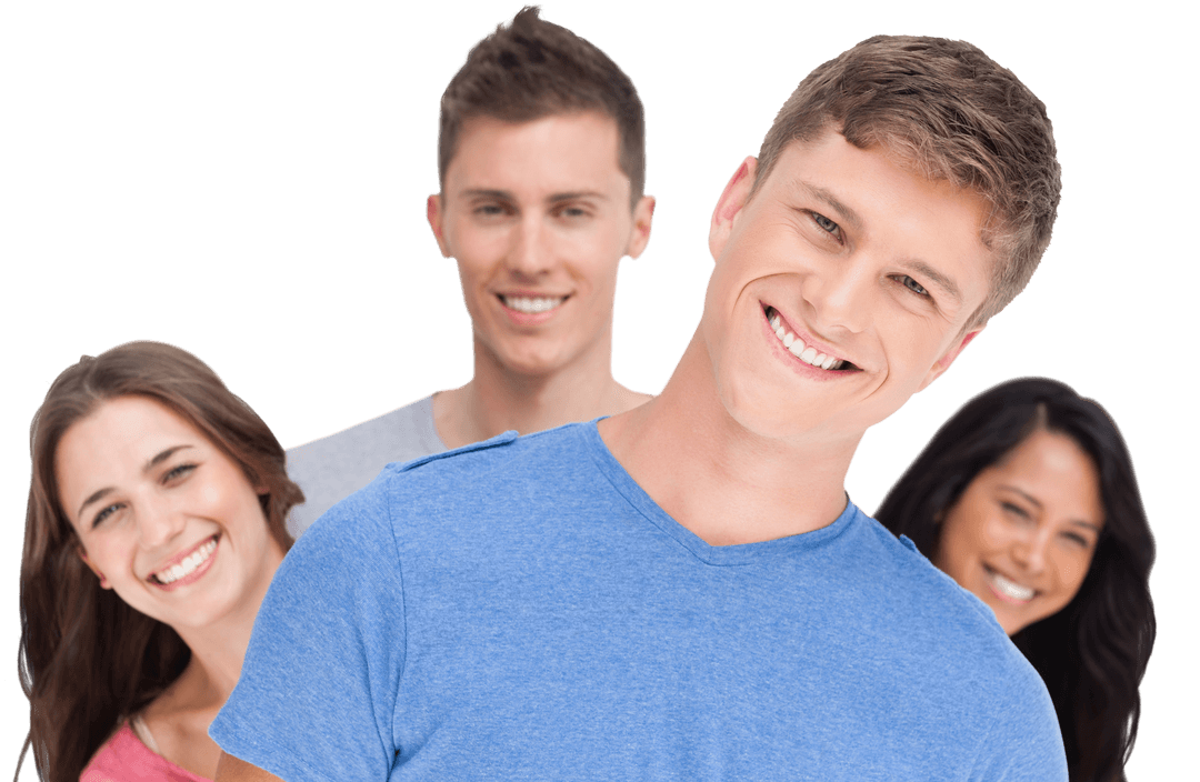 Group of Young Adults Smiling and Tilting Heads on Transparent Background