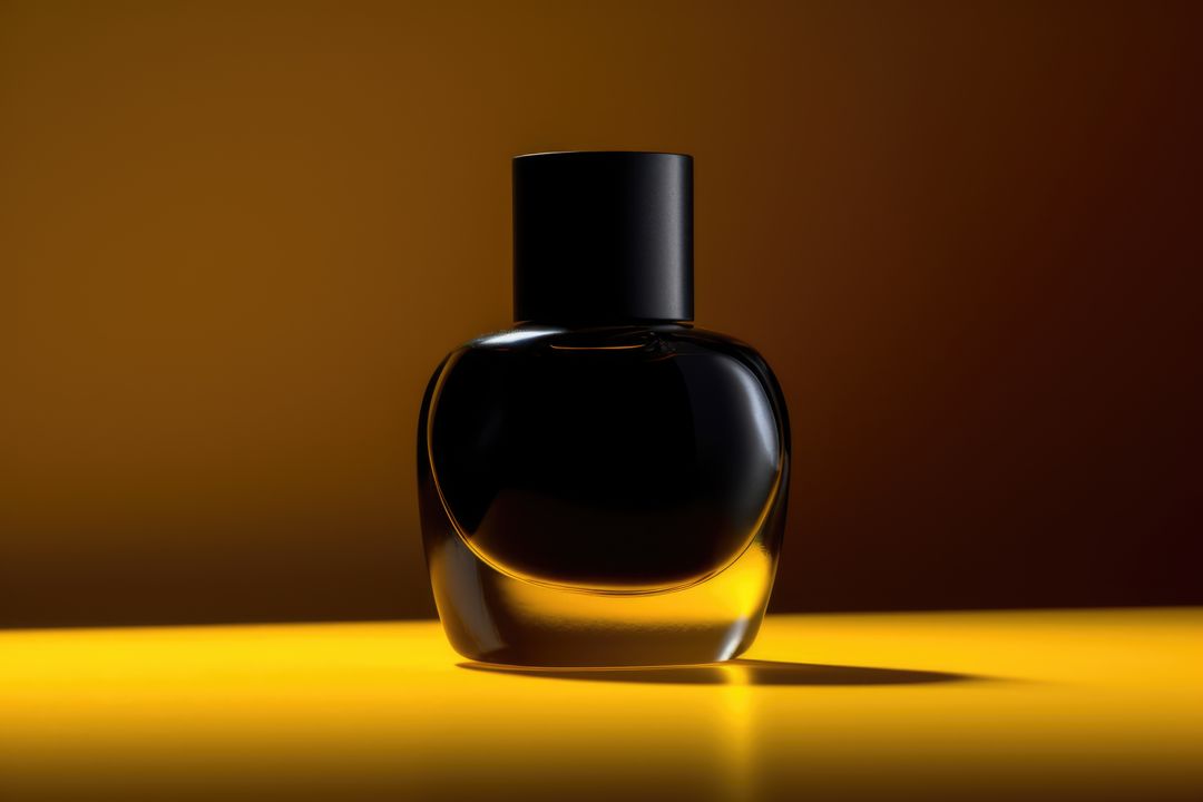 Elegant black perfume bottle on yellow background with dramatic lighting - Free Images, Stock Photos and Pictures on Pikwizard.com