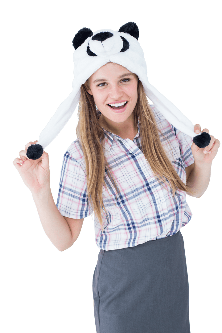 Smiling Woman in Panda Hat on Transparent Background