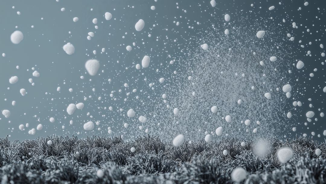 Surreal Foam Spheres Over Frosted Grass in Minimalist Setting