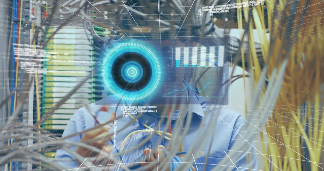 It engineer working with server cables and digital interface