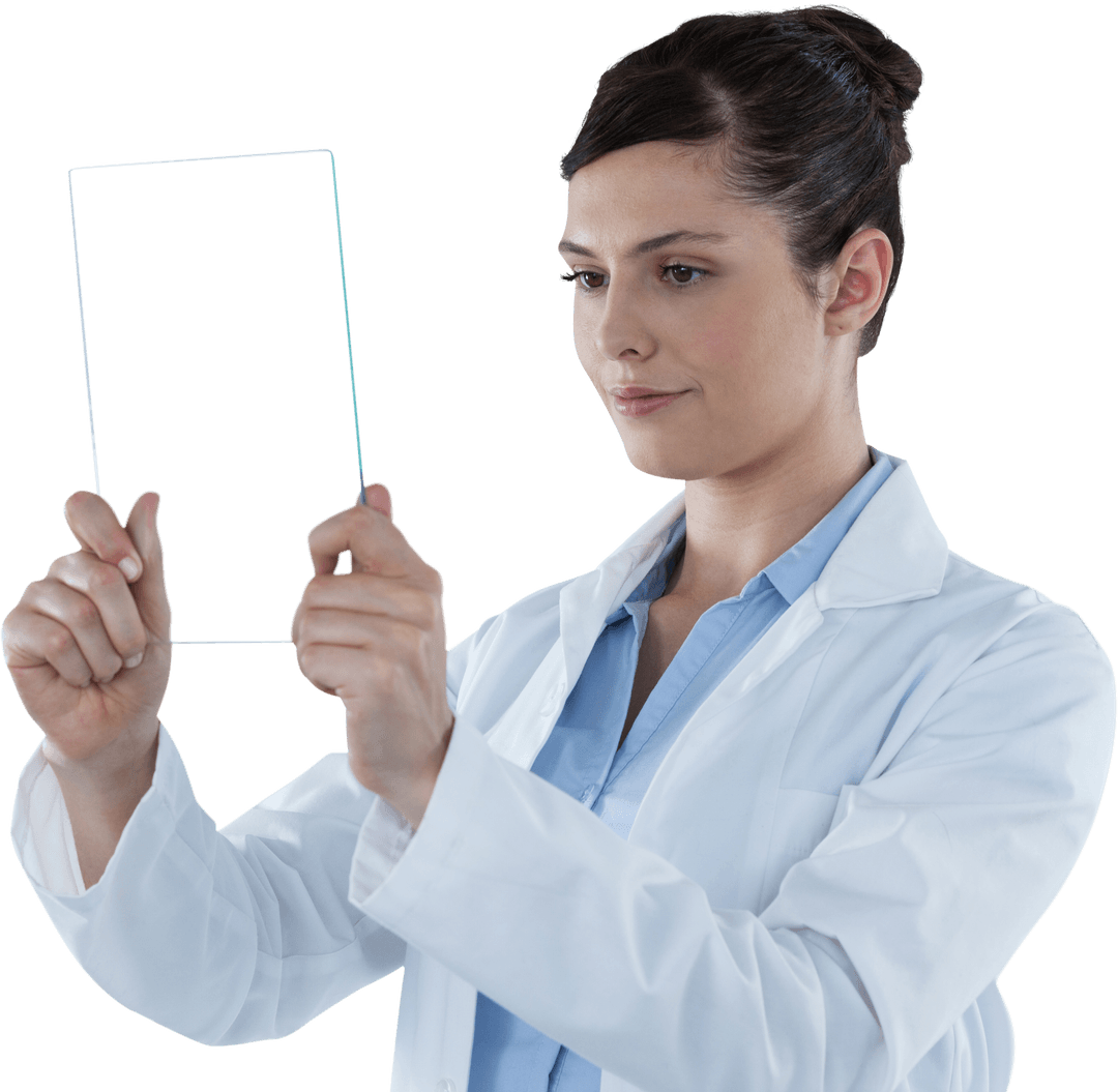 Transparent Tablet Engaged by Focused Doctor in White Coat