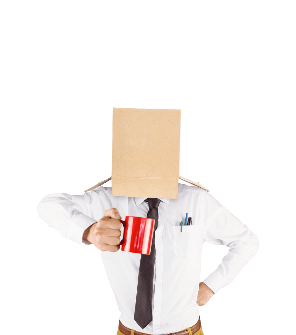Transparent Businessman with Box on Head Holding Coffee Mug