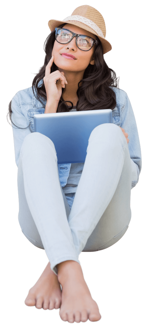 Smiling Biracial Businesswoman Sitting with Tablet on Transparent Background
