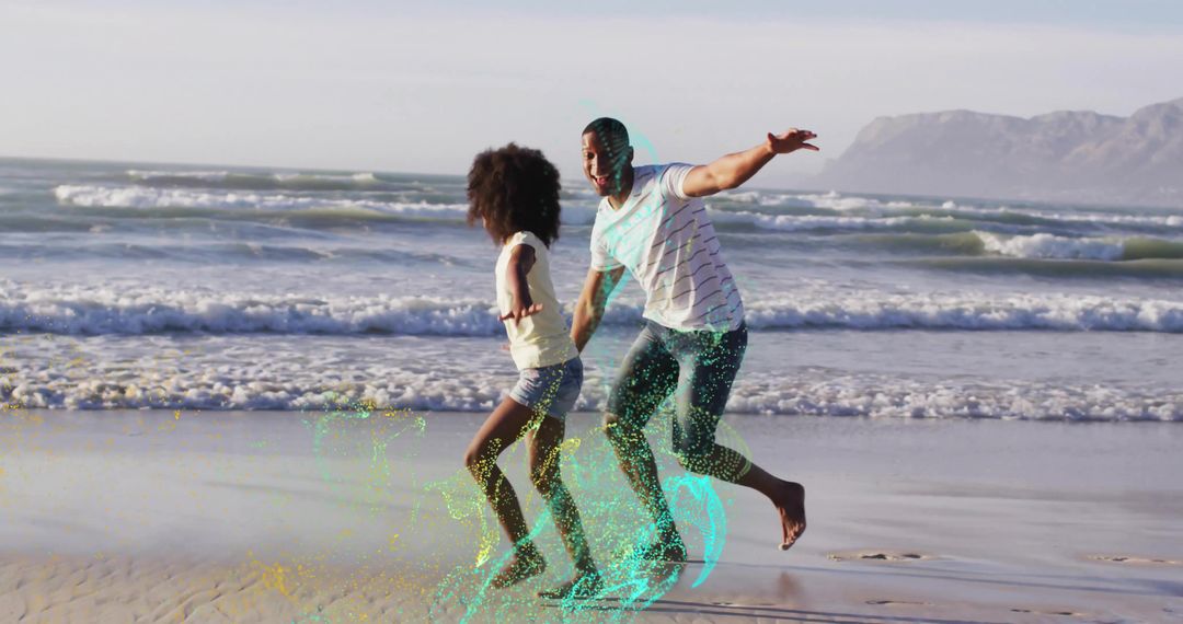 Father and Daughter Playfully Running on Scenic Beach Shore