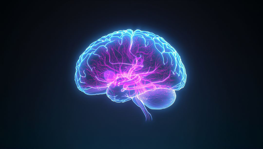 Futuristic Holographic Brain Model with Neon Neural Filaments