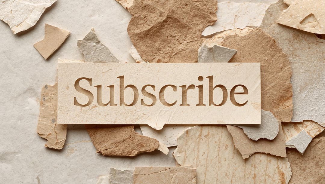 Featuring Subscribe cutout on layered torn paper collage with warm beige tactile texture