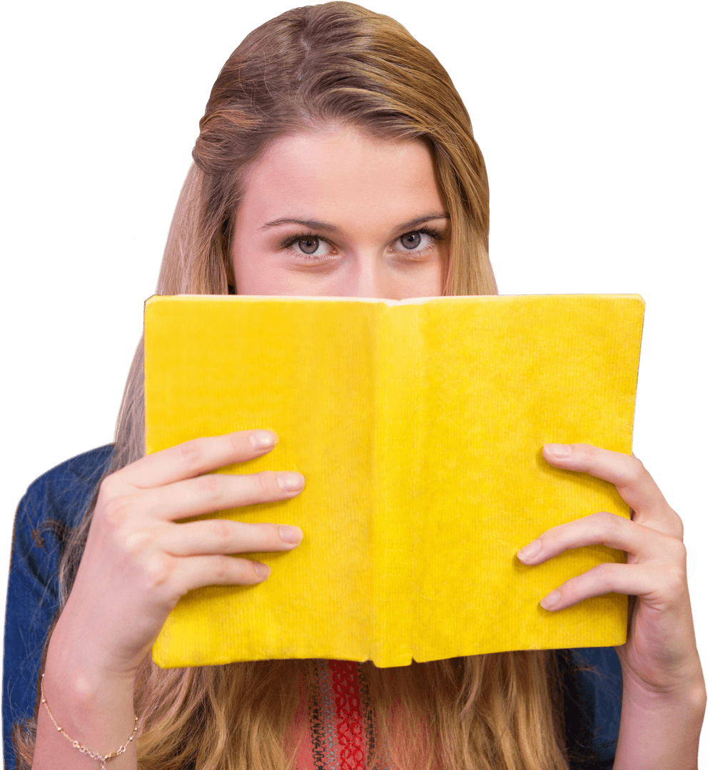 Woman Holding Yellow Book with Transparent Background