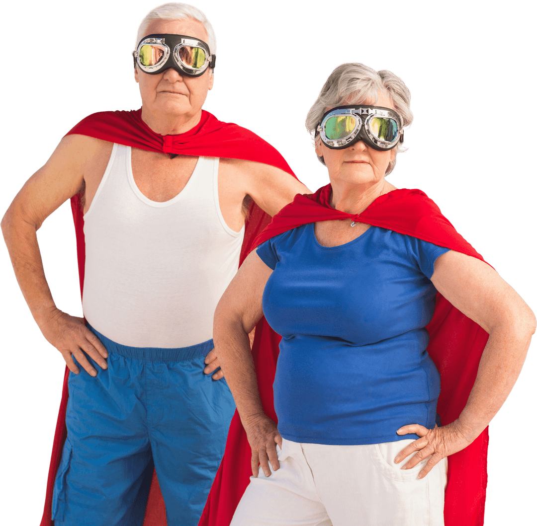 Senior Couple Wearing Capes Transform as Superheroes on Transparent Background