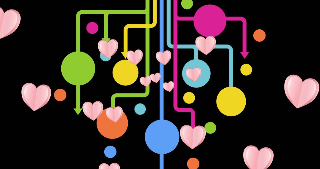 Colorful Network with Floating Pink Hearts and Connection Lines
