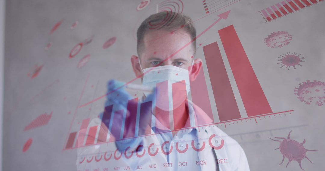 Masked Doctor Analyzing Vaccine Statistics in Digital Interface