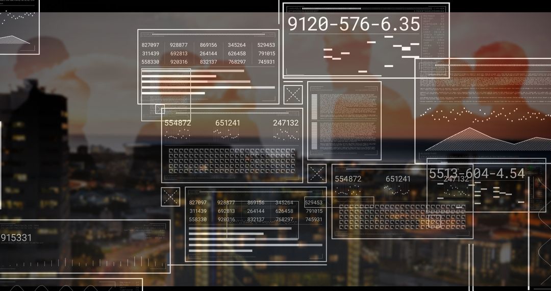 Futuristic Business Collaboration with HUD Panels and Skylines at Dusk