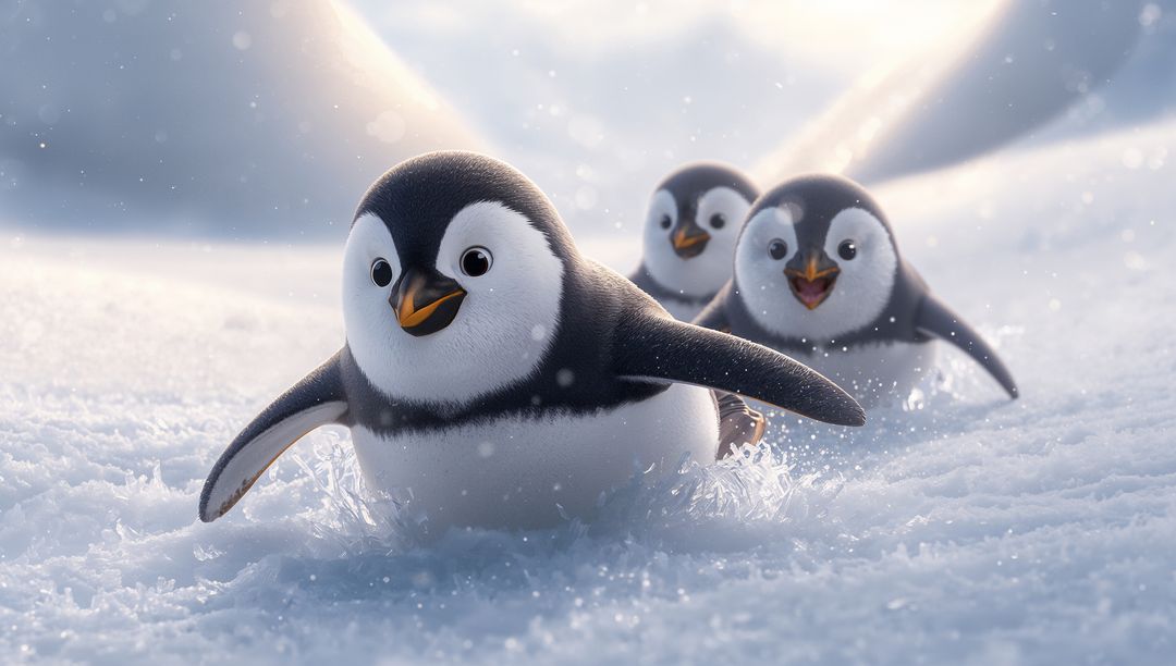 Playful penguin chicks sliding across sparkling polar snow, kicking up ice crystals