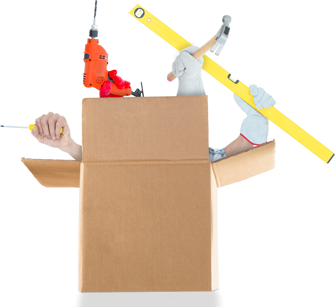 Hands Holding Construction Tools Emerging from Cardboard Box Transparent