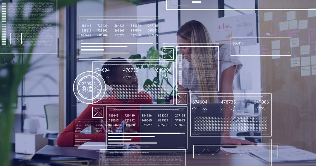 Dynamic Team Collaborating in Modern Office with Digital Enhancement