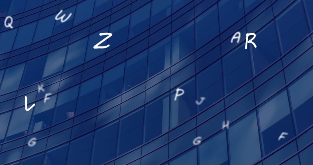 Falling Letters on Glass Building Background Symbolize Communication