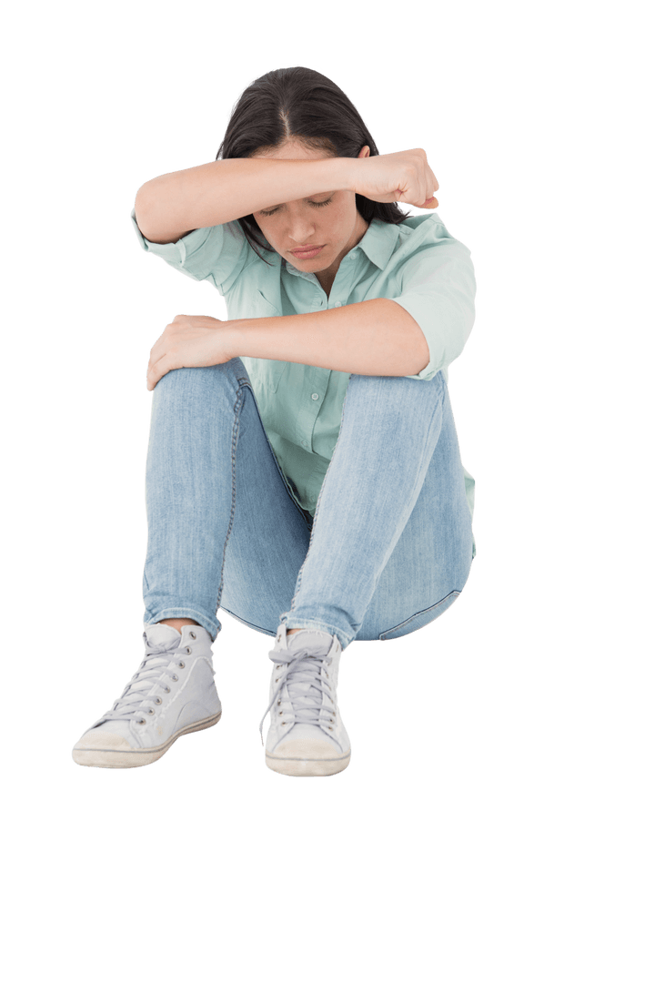 Transparent Sad Woman Sitting with Hiding Face in Casual Attire