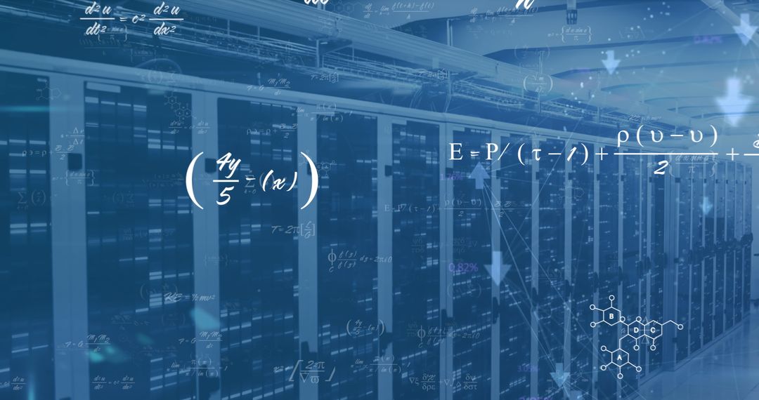 Abstract Math Equations Overlaid on Data Servers for Tech Concepts