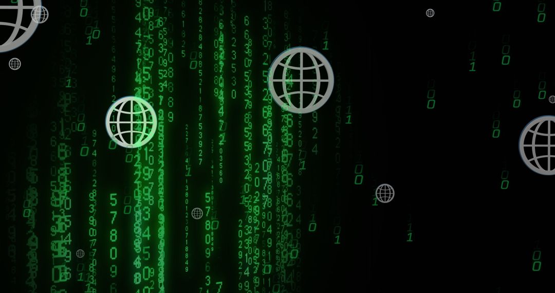 Digital Globe Icons Floating Over Changing Digital Codes