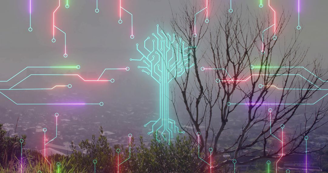 Neon Circuitry Blending with Nature on Misty Hill