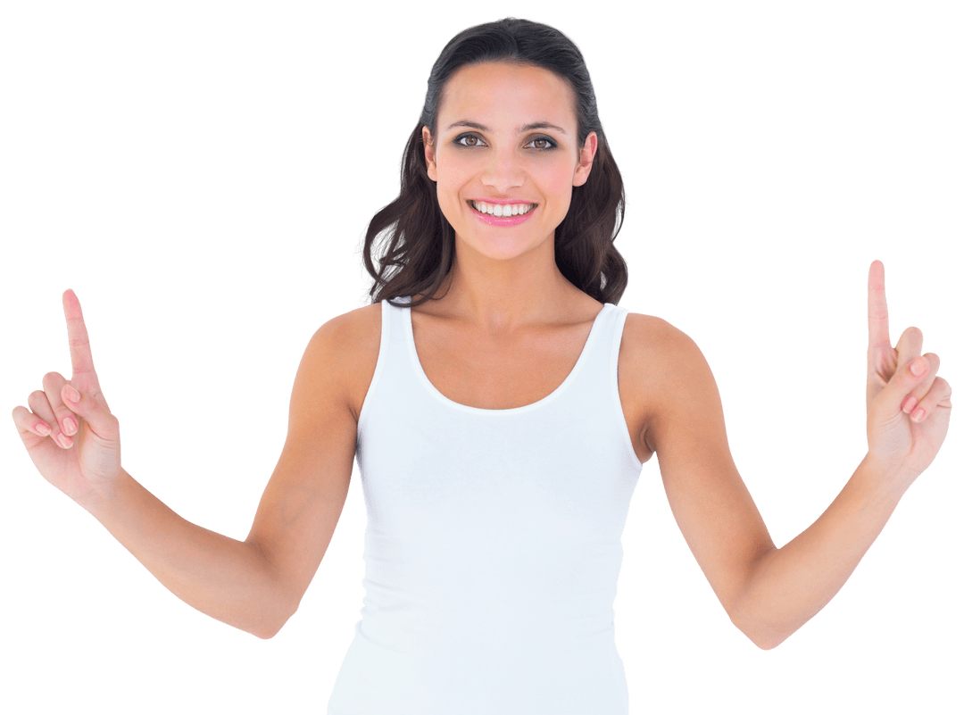 Smiling Brunette Woman Pointing Fingers Against Transparent Background